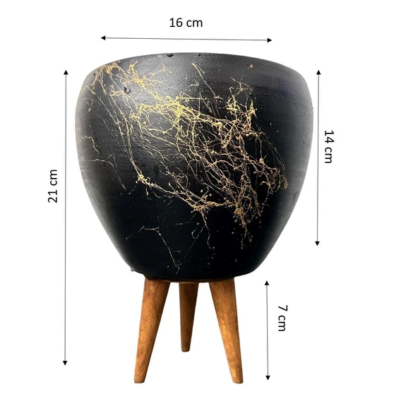 Bitki Tasarımı Siyah Üzeri Gold Mermer Efektli Toprak Saksı Saksılık Salon Çiçeklik 3 Ayaklı - 15 Cm - Resim 2