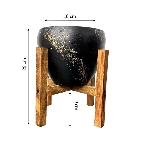 Bitki Tasarımı Siyah Üzeri Gold Mermer Efektli Toprak Saksı Saksılık Salon Çiçeklik 4 Ayaklı - 15 Cm - 2