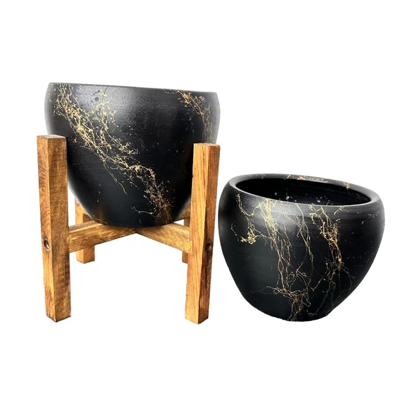 Siyah Üzeri Gold Mermer Efektli Toprak Saksı Saksılık Salon Çiçeklik İkili Set Ayaksız -4 Ayaklı-15 Cm - 4