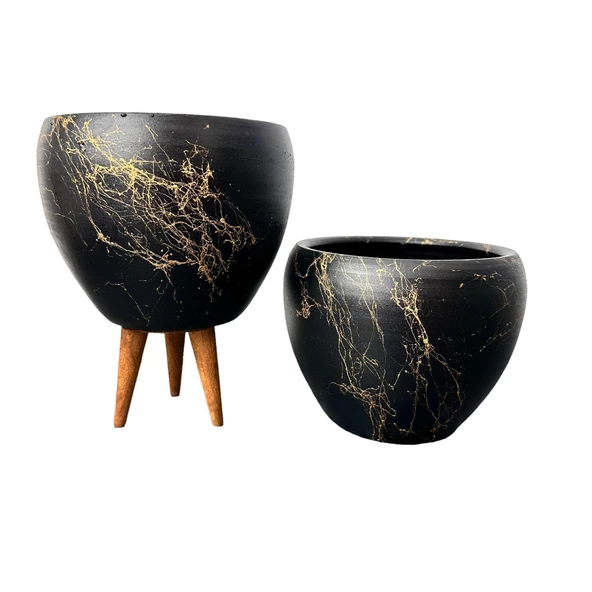 Bitki Tasarımı Siyah Üzeri Gold Mermer Efektli Toprak Saksı Saksılık Salon Çiçeklik İkili Set Ayaksız - 3 Ayaklı- 15 Cm - 3