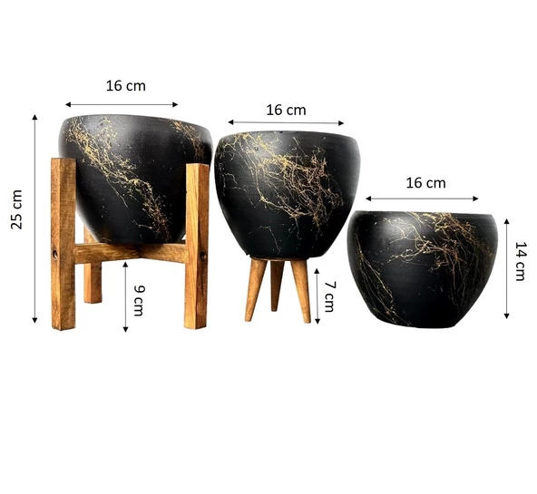 Bitki Tasarımı Siyah Üzeri Gold Mermer Efektli Toprak Saksı Saksılık Salon Çiçeklik Üçlü Set - 15 Cm - Resim 2
