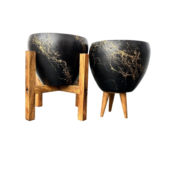 Bitki Tasarımı Siyah Üzeri Gold Mermer Efektli Toprak Saksı Saksılık Salon Çiçeklik İkili Set 3 Ayaklı- 4 Ayaklı- 15 Cm