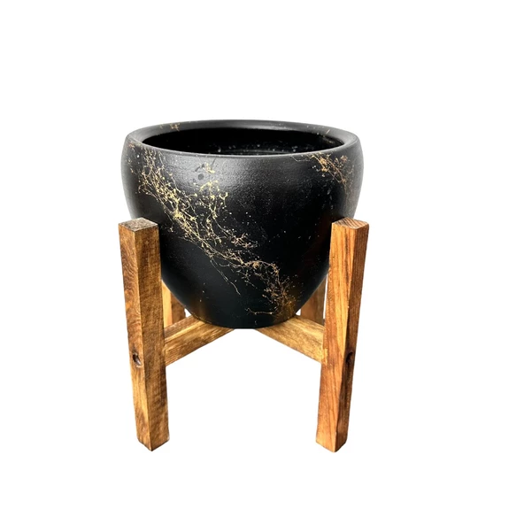 Bitki Tasarımı Siyah Üzeri Gold Mermer Efektli Toprak Saksı Saksılık Salon Çiçeklik 4 Ayaklı - 15 Cm - 5