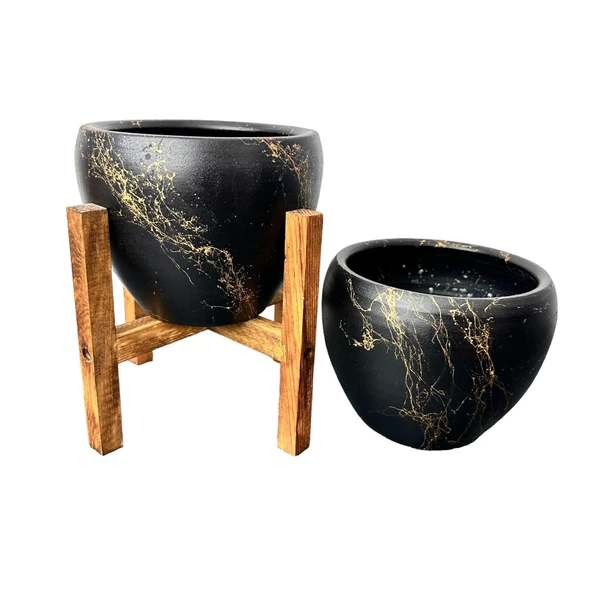 Siyah Üzeri Gold Mermer Efektli Toprak Saksı Saksılık Salon Çiçeklik İkili Set Ayaksız -4 Ayaklı-15 Cm - 5