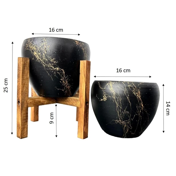 Siyah Üzeri Gold Mermer Efektli Toprak Saksı Saksılık Salon Çiçeklik İkili Set Ayaksız -4 Ayaklı-15 Cm - 2