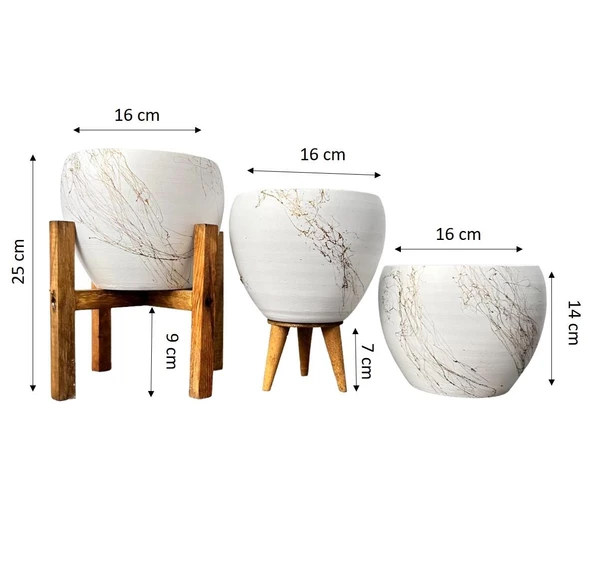 Bitki Tasarımı Beyaz Üzeri Gold Mermer Efektli Toprak Saksı Saksılık Salon Çiçeklik Üçlü Set - 15 Cm - 2