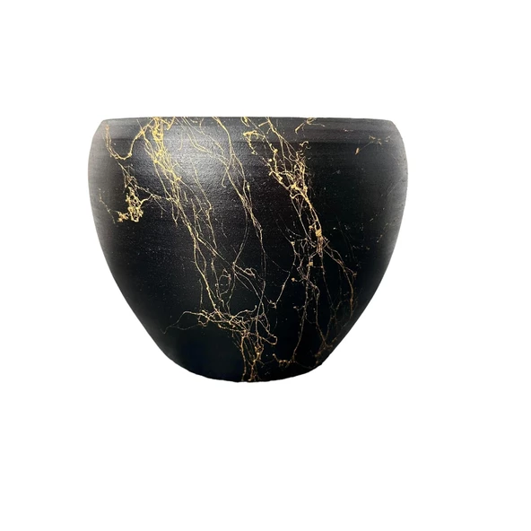 Bitki Tasarımı Siyah Üzeri Gold Mermer Efektli Toprak Saksı Saksılık Salon Çiçeklik - 15 Cm - 4