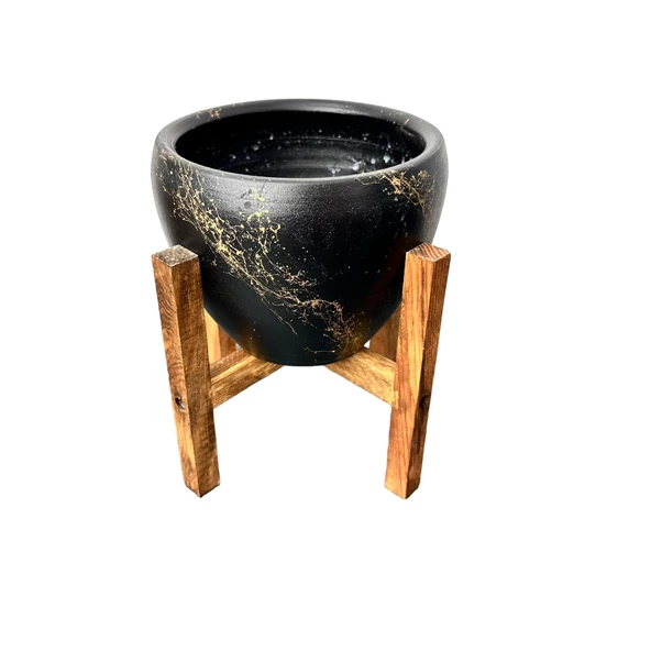 Bitki Tasarımı Siyah Üzeri Gold Mermer Efektli Toprak Saksı Saksılık Salon Çiçeklik 4 Ayaklı - 15 Cm - 6