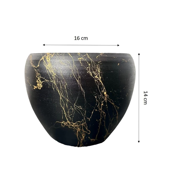 Bitki Tasarımı Siyah Üzeri Gold Mermer Efektli Toprak Saksı Saksılık Salon Çiçeklik - 15 Cm - 2