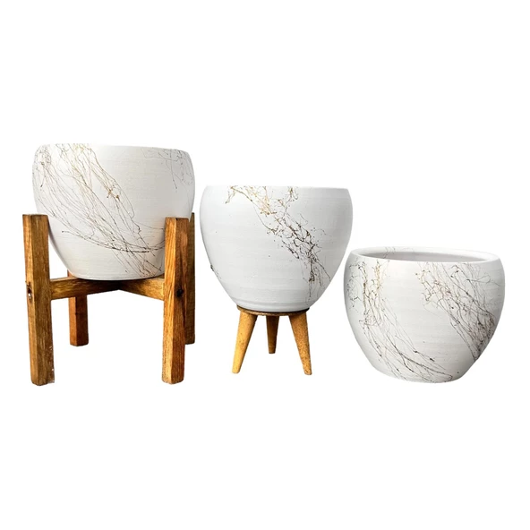 Bitki Tasarımı Beyaz Üzeri Gold Mermer Efektli Toprak Saksı Saksılık Salon Çiçeklik Üçlü Set - 15 Cm - 3