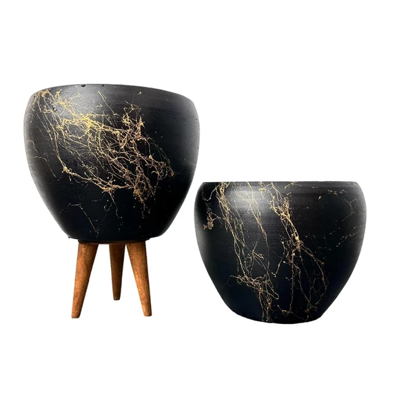 Bitki Tasarımı Siyah Üzeri Gold Mermer Efektli Toprak Saksı Saksılık Salon Çiçeklik İkili Set Ayaksız - 3 Ayaklı- 15 Cm - 1