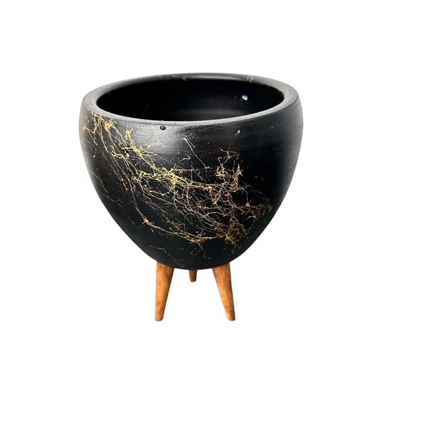 Bitki Tasarımı Siyah Üzeri Gold Mermer Efektli Toprak Saksı Saksılık Salon Çiçeklik 3 Ayaklı - 15 Cm - Resim 6