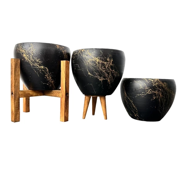 Bitki Tasarımı Siyah Üzeri Gold Mermer Efektli Toprak Saksı Saksılık Salon Çiçeklik Üçlü Set - 15 Cm