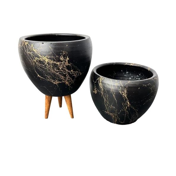 Bitki Tasarımı Siyah Üzeri Gold Mermer Efektli Toprak Saksı Saksılık Salon Çiçeklik İkili Set Ayaksız - 3 Ayaklı- 15 Cm - 5