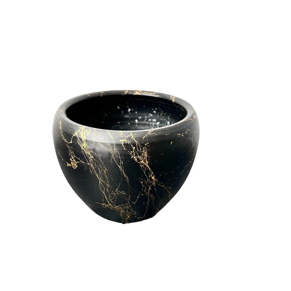 Bitki Tasarımı Siyah Üzeri Gold Mermer Efektli Toprak Saksı Saksılık Salon Çiçeklik - 15 Cm - 7