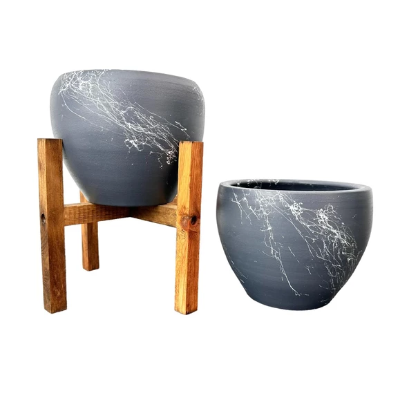 Bitki Tasarımı Gri Üzeri Beyaz Mermer Efektli Toprak Saksı Saksılık Salon Çiçeklik İkili Set Ayaksız - 4 Ayaklı- 15 Cm - Resim 4