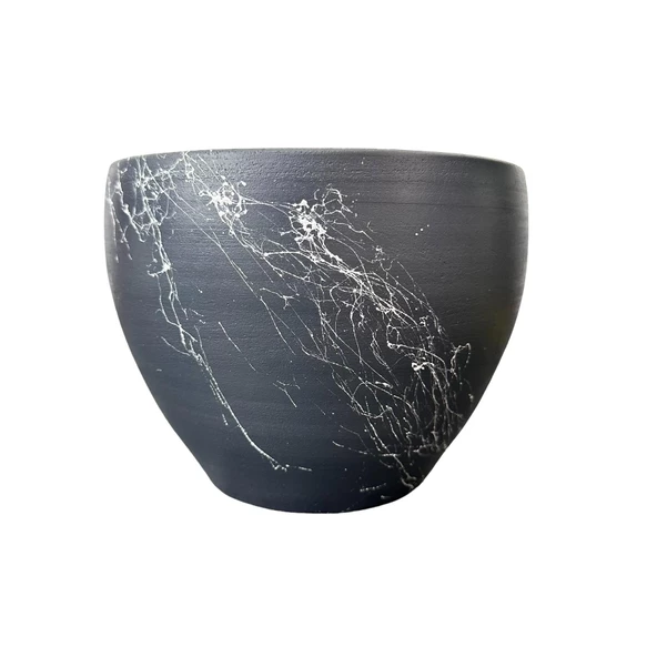 Bitki Tasarımı Gri Üzeri Beyaz Mermer Efektli Toprak Saksı Saksılık Salon Çiçeklik - 15 Cm - Resim 3