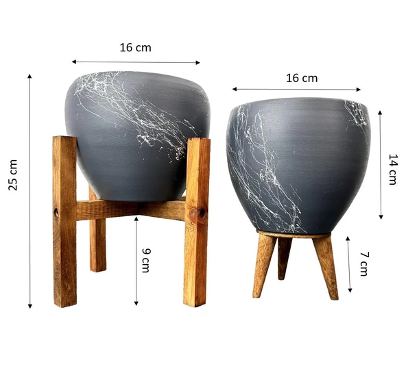 Bitki Tasarımı Gri Üzeri Beyaz Mermer Efektli Toprak Saksı Saksılık Salon Çiçeklik İkili Set 3 Ayaklı- 4 Ayaklı- 15 Cm - Resim 2