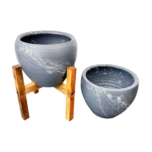 Bitki Tasarımı Gri Üzeri Beyaz Mermer Efektli Toprak Saksı Saksılık Salon Çiçeklik İkili Set Ayaksız - 4 Ayaklı- 15 Cm - Resim 7