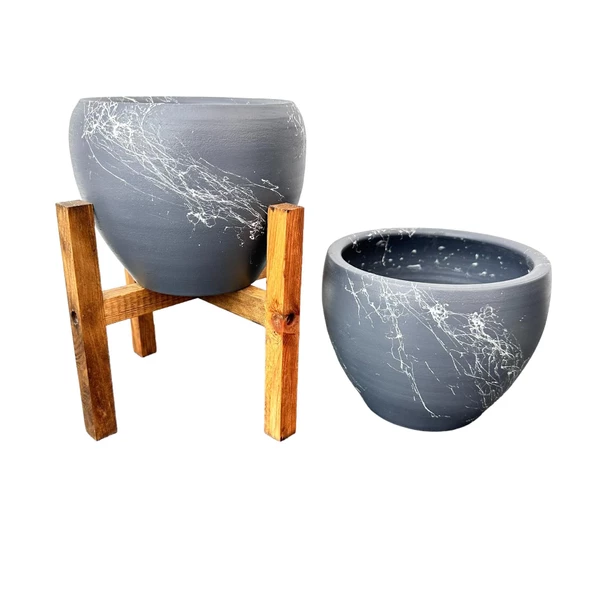 Bitki Tasarımı Gri Üzeri Beyaz Mermer Efektli Toprak Saksı Saksılık Salon Çiçeklik İkili Set Ayaksız - 4 Ayaklı- 15 Cm