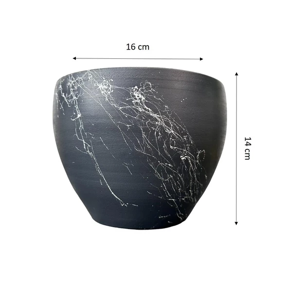 Bitki Tasarımı Gri Üzeri Beyaz Mermer Efektli Toprak Saksı Saksılık Salon Çiçeklik - 15 Cm - Resim 2