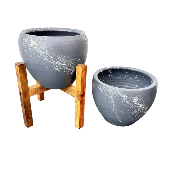 Bitki Tasarımı Gri Üzeri Beyaz Mermer Efektli Toprak Saksı Saksılık Salon Çiçeklik İkili Set Ayaksız - 4 Ayaklı- 15 Cm - Resim 6