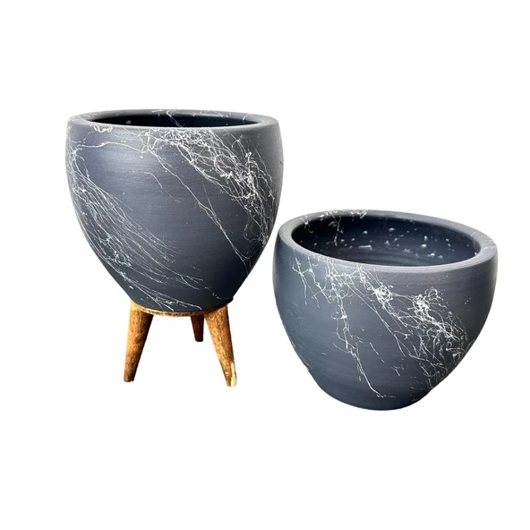 Bitki Tasarımı Gri Üzeri Beyaz Mermer Efektli Toprak Saksı Saksılık Salon Çiçeklik İkili Set Ayaksız - 3 Ayaklı- 15 Cm - Resim 4