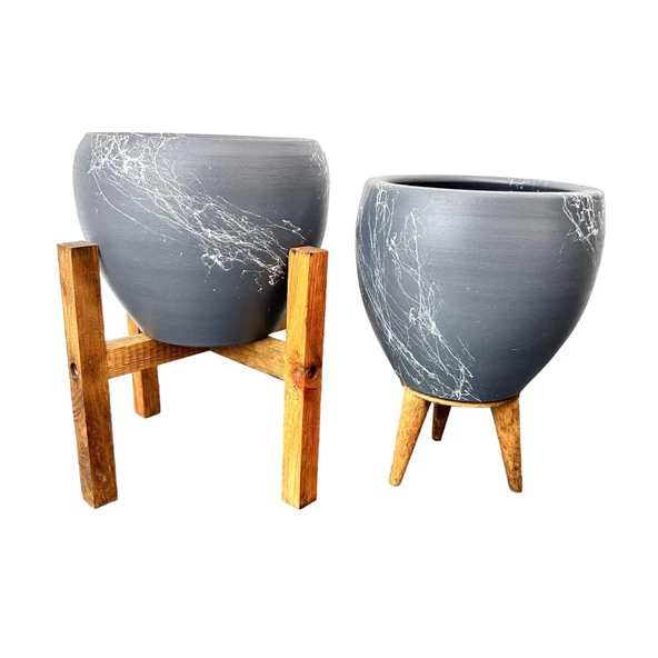 Bitki Tasarımı Gri Üzeri Beyaz Mermer Efektli Toprak Saksı Saksılık Salon Çiçeklik İkili Set 3 Ayaklı- 4 Ayaklı- 15 Cm - Resim 3