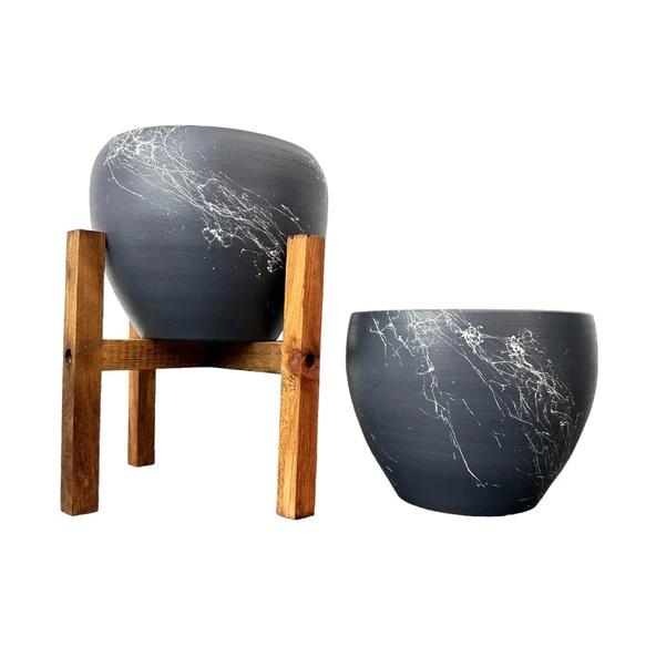 Bitki Tasarımı Gri Üzeri Beyaz Mermer Efektli Toprak Saksı Saksılık Salon Çiçeklik İkili Set Ayaksız - 4 Ayaklı- 15 Cm - Resim 3