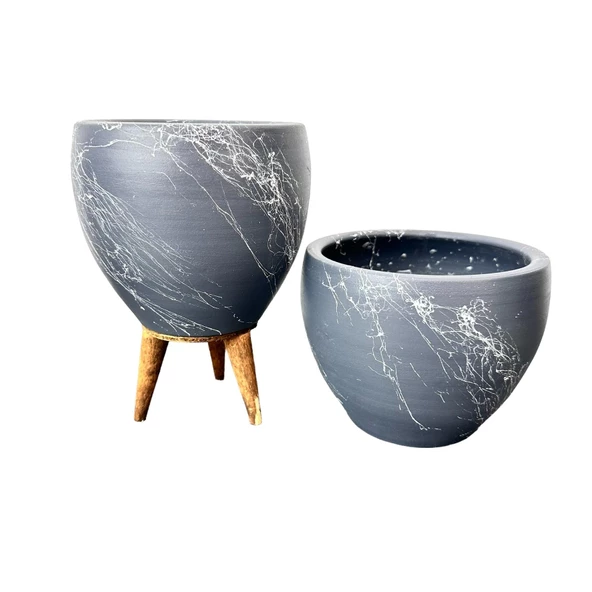 Bitki Tasarımı Gri Üzeri Beyaz Mermer Efektli Toprak Saksı Saksılık Salon Çiçeklik İkili Set Ayaksız - 3 Ayaklı- 15 Cm - Resim 3