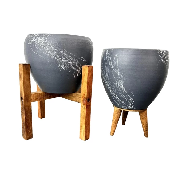 Bitki Tasarımı Gri Üzeri Beyaz Mermer Efektli Toprak Saksı Saksılık Salon Çiçeklik İkili Set 3 Ayaklı- 4 Ayaklı- 15 Cm ürün görseli