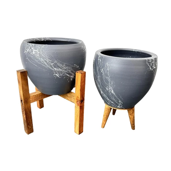 Bitki Tasarımı Gri Üzeri Beyaz Mermer Efektli Toprak Saksı Saksılık Salon Çiçeklik İkili Set 3 Ayaklı- 4 Ayaklı- 15 Cm - Resim 4