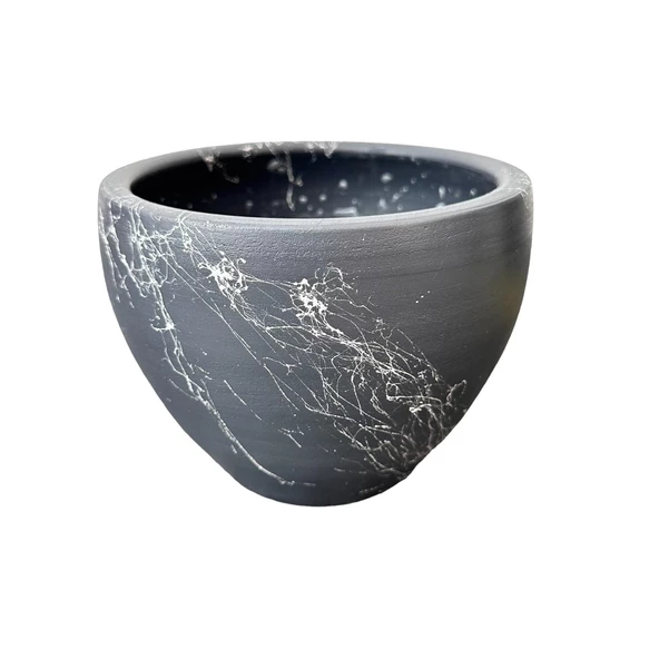 Bitki Tasarımı Gri Üzeri Beyaz Mermer Efektli Toprak Saksı Saksılık Salon Çiçeklik - 15 Cm - Resim 5