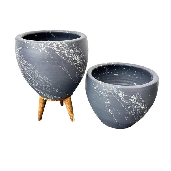 Bitki Tasarımı Gri Üzeri Beyaz Mermer Efektli Toprak Saksı Saksılık Salon Çiçeklik İkili Set Ayaksız - 3 Ayaklı- 15 Cm - Resim 5