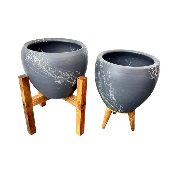 Bitki Tasarımı Gri Üzeri Beyaz Mermer Efektli Toprak Saksı Saksılık Salon Çiçeklik İkili Set 3 Ayaklı- 4 Ayaklı- 15 Cm - Resim 5