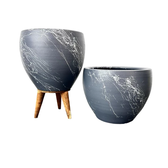 Bitki Tasarımı Gri Üzeri Beyaz Mermer Efektli Toprak Saksı Saksılık Salon Çiçeklik İkili Set Ayaksız - 3 Ayaklı- 15 Cm ürün görseli