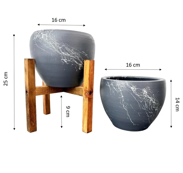 Bitki Tasarımı Gri Üzeri Beyaz Mermer Efektli Toprak Saksı Saksılık Salon Çiçeklik İkili Set Ayaksız - 4 Ayaklı- 15 Cm - Resim 2