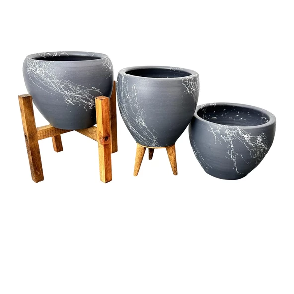 Bitki Tasarımı Gri Üzeri Beyaz Mermer Efektli Toprak Saksı Saksılık Salon Çiçeklik Üçlü Set - 15 Cm - 6