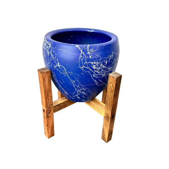 Bitki Tasarımı Lacivert Üzeri Beyaz Mermer Efektli Toprak Saksı Saksılık Salon Çiçeklik 4 Ayaklı - 15 Cm - Resim 3
