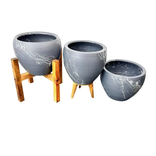 Bitki Tasarımı Gri Üzeri Beyaz Mermer Efektli Toprak Saksı Saksılık Salon Çiçeklik Üçlü Set - 15 Cm - 9