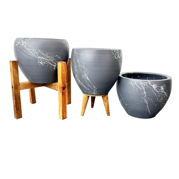 Bitki Tasarımı Gri Üzeri Beyaz Mermer Efektli Toprak Saksı Saksılık Salon Çiçeklik Üçlü Set - 15 Cm