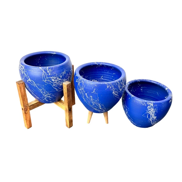 Bitki Tasarımı  Lacivert Üzeri Beyaz Mermer Efektli Toprak Saksı Saksılık Salon Çiçeklik Üçlü Set - 15 Cm - Resim 3