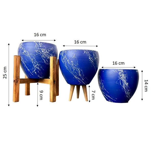 Bitki Tasarımı  Lacivert Üzeri Beyaz Mermer Efektli Toprak Saksı Saksılık Salon Çiçeklik Üçlü Set - 15 Cm - Resim 2