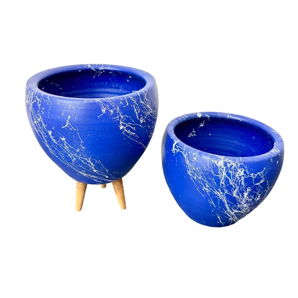 Bitki Tasarımı Lacivert Üzeri Beyaz Mermer Efektli Toprak Saksı Saksılık Salon Çiçeklik İkili Set Ayaksız - 3 Ayaklı- 15 Cm - Resim 3