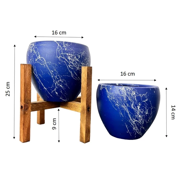 Bitki Tasarımı Lacivert Üzeri Beyaz Mermer Efektli Toprak Saksı Saksılık Salon Çiçeklik İkili Set Ayaksız - 4 Ayaklı- 15 Cm - Resim 3