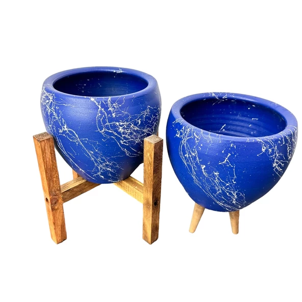 Bitki Tasarımı Lacivert Üzeri Beyaz Mermer Efektli Toprak Saksı Saksılık Salon Çiçeklik İkili Set 3 Ayaklı- 4 Ayaklı- 15 Cm - Resim 2
