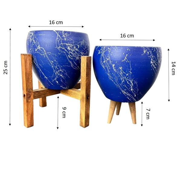 Bitki Tasarımı Lacivert Üzeri Beyaz Mermer Efektli Toprak Saksı Saksılık Salon Çiçeklik İkili Set 3 Ayaklı- 4 Ayaklı- 15 Cm - Resim 3
