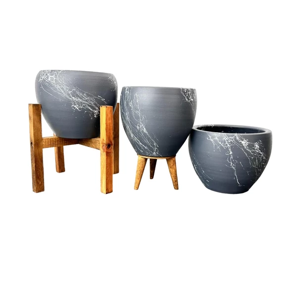 Bitki Tasarımı Gri Üzeri Beyaz Mermer Efektli Toprak Saksı Saksılık Salon Çiçeklik Üçlü Set - 15 Cm - 4