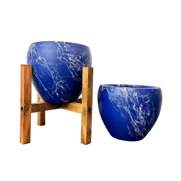 Bitki Tasarımı Lacivert Üzeri Beyaz Mermer Efektli Toprak Saksı Saksılık Salon Çiçeklik İkili Set Ayaksız - 4 Ayaklı- 15 Cm ürün görseli