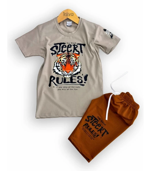 Triliya-Erkek Çocuk Kaplan Baskılı Likralı Tişört & Kapri Takımı - Modern ve Şık - 5